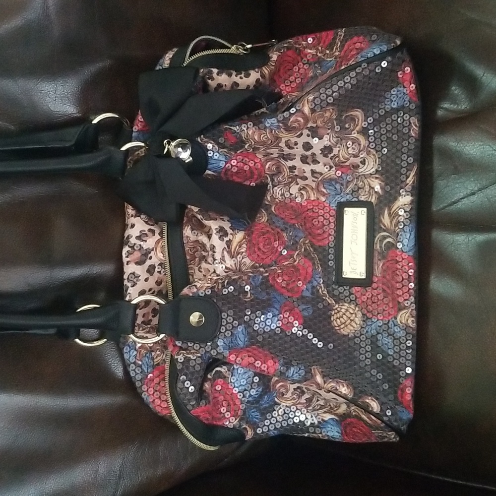 Betsey Johnson Sequin Floral Satchel - Black, Red, and Blue